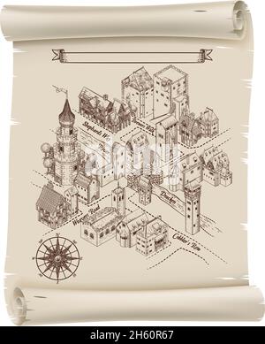 Medieval Town Map Scroll Vintage Illustration Stock Vector