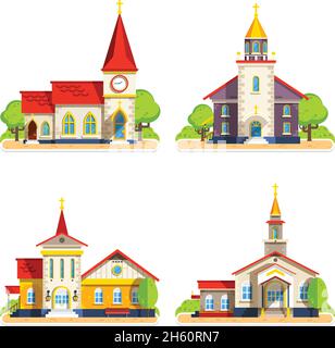 Beautiful historic church buildings of different architecture styles flat icons set on white background isolated vector illustration Stock Vector