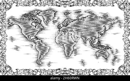 World Map Drawing Old Woodcut Engraved Style Stock Vector
