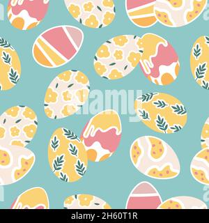 Vector illustration for Easter holiday. Seamless pattern with set of painting eggs. Stock Vector