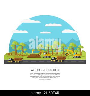 Industrial wood manufacturing template with vehicle and trees cutting loading transportation processes vector illustration Stock Vector