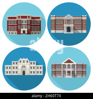 High and primary school building flat icons set isolated vector illustration Stock Vector