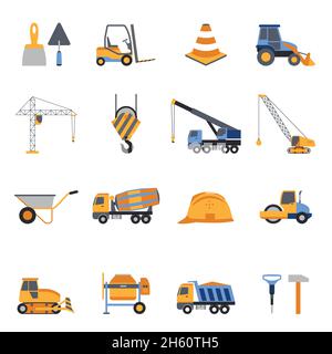 Construction icons set with builder tools and vehicles isolated vector illustration Stock Vector