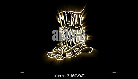 Image of christmas greetings text in yellow and white letters on black background Stock Photo