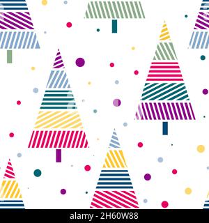 Festive multicolored Christmas trees seamless pattern. Background with balls and decorated trees for New Year and Christmas. Template for packaging, g Stock Vector
