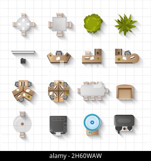 Office interior furniture icons top view set isolated vector illustration Stock Vector