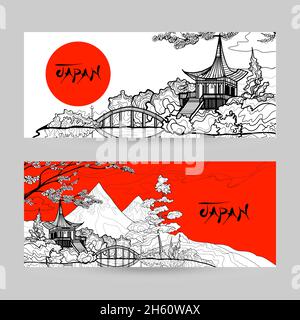 Japan horizontal banner set with sunrise pagoda landscape hand drawn isolated vector illustration Stock Vector