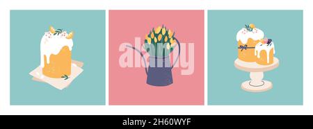 Vector illustration for Easter holiday. Beautiful flowers bouquet in watering can and eggs pattern, Easter cake. Stock Vector