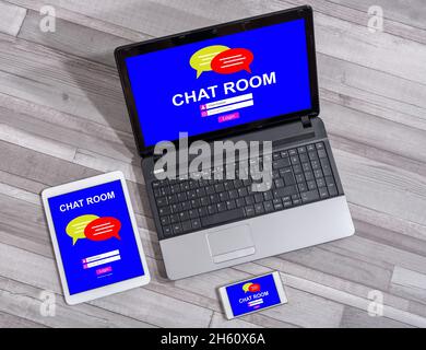 Chat room concept shown on different information technology devices Stock Photo