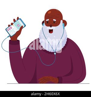 Old man listening podcast on the mobile phone through the headphones, happy grandfather with phone in a flat style, isolated on a white. Stock Vector