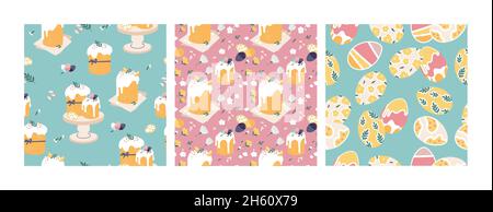 Vector illustration for Easter holiday. Seamless pattern with Easter cakes and painting eggs for prints, decoration and wrapping paper. Stock Vector
