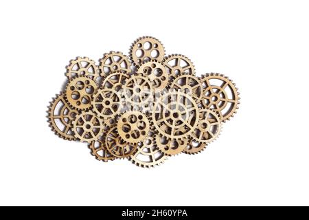 Lot wooden gears on white background, technical progress and movement Stock Photo