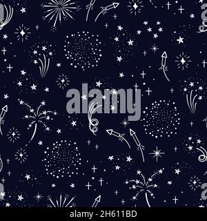 Fun hand drawn doodle fireworks, seamless pattern, great for textiles, wrapping, banner, wallpapers - vector design Stock Vector
