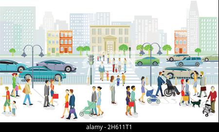 Big city with pedestrians and road traffic, illustration Stock Vector ...