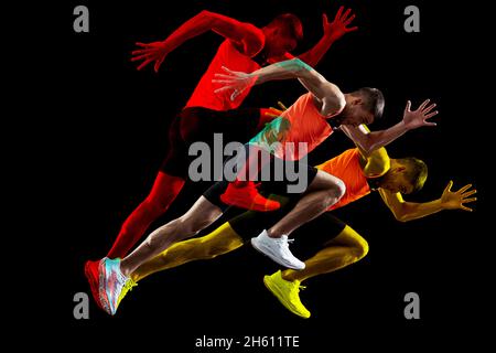 Creative collage of man, professional athlete, runner isolated over black background. Glitch and duotine effect Stock Photo