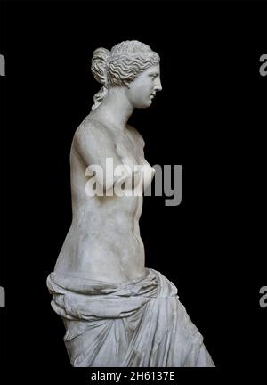 Venus de Milo ancinet Greek statue of Aphrodite, circa 150 and 125 BC, Louvre Museum Ma399 or N527. Aphrodite is depicted hair in a bun with a headban Stock Photo