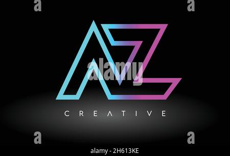 AZ Neon Purple Blue Letters Logo Design. AZ Outline Letter Icon Vector on Black Background Illustration Stock Vector