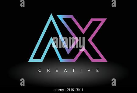 AX Neon Purple Blue Letters Logo Design. AX Outline Letter Icon Vector on Black Background Illustration Stock Vector