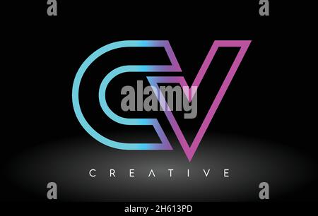 CV Neon Purple Blue Letters Logo Design. CV Outline Letter Icon Vector on Black Background Illustration Stock Vector