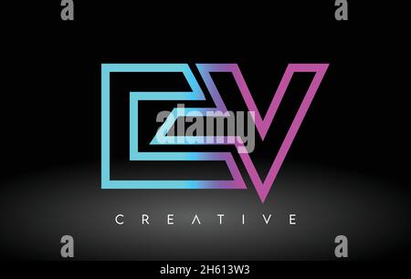 EV Neon Purple Blue Letters Logo Design. EV Outline Letter Icon Vector on Black Background Illustration Stock Vector