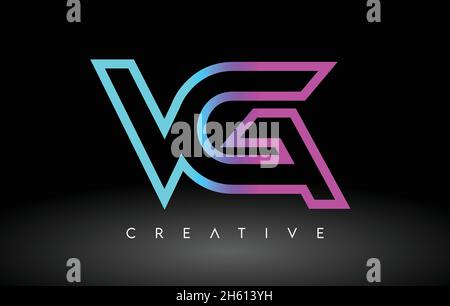 VG Neon Purple Blue Letters Logo Design. VG Outline Letter Icon Vector on Black Background Illustration Stock Vector