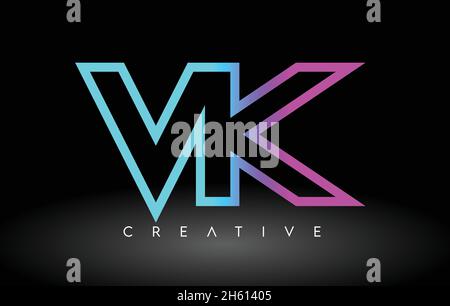 VK Neon Purple Blue Letters Logo Design. VK Outline Letter Icon Vector on Black Background Illustration Stock Vector