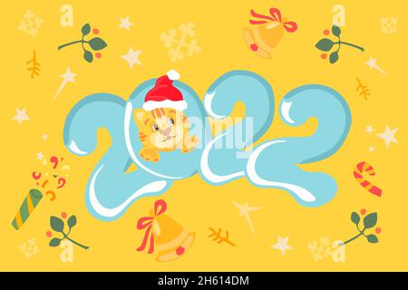 Christmas tiger in santa hat and dates 2022. Cute drawings of characters on the theme of the New Year on a bright background. High quality photo