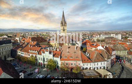 Sibiu, Romania from the Council Tower with the Small Square (Piata Mica) and the ramp heading to the Lower town and Evanghelical Lutheran Cathedral Stock Photo