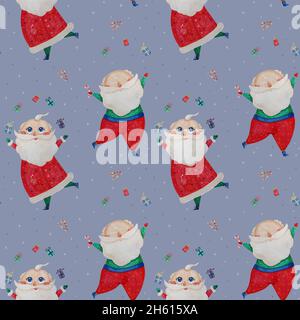 Christmas seamless pattern with funny Santa Clauses with gifts on light blue background with snowflakes. Watercolor. Hand drawing for kids collection, Stock Photo