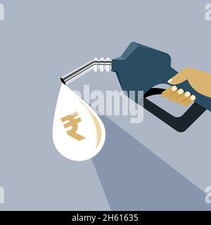 Illustration of a drop of fuel with rupee symbol in it coming out from a nozzle Stock Vector