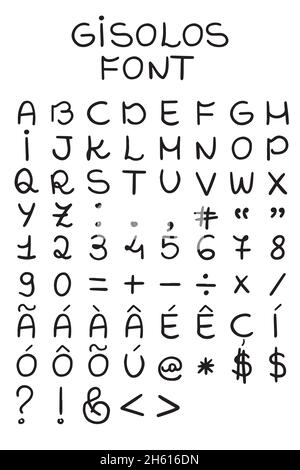 Hand drawn letters. Numbers, math signs, accents, commas, periods, end, semicolon, exclamation and question marks. Fully editable and well-organized. Stock Vector