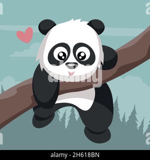 Tender panda bear climbing tree branch in Valentine Stock Vector