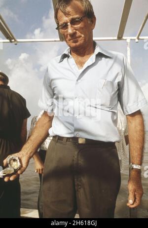 Lake Borgne oystermen claim release of Mississippi River flood waters has polluted their oysterbeds. Some of the men are gathering evidence to support legal action. Oysterman Tom Hadley shows a sick oyster; New Orleans  ca. June 1973 Stock Photo