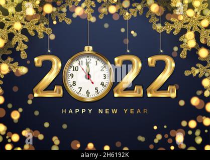 Christmas banner with clock, snowflakes and numbers 2022. Gold glitter and bright bokeh. 3D realistic illustration on a black background. vector. Stock Vector