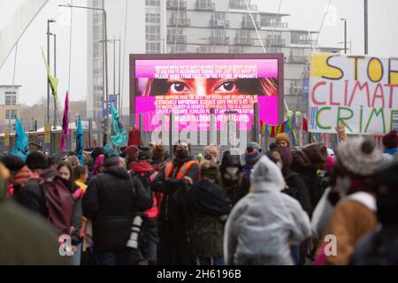 Glasgow. Scotland, UK. 12th Nov, 2021. General view surrounding of COP26 in Glasgow. Day thirteen of the 2021 climate summit in Glasgow will focus on driving the global transition to zero-emission transport. Pictured: Activist outside of the COP26. Credit: Pako Mera/Alamy Live News Stock Photo