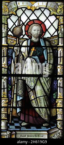 Stained glass window by Shrigley & Hunt depicting St James the Great, St James Church, Harvington, Worcestershire Stock Photo