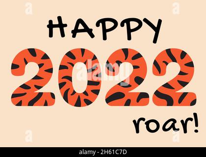 Happy New Year card, symbol of 2022. Tiger style print for winter holidays. Chinese and Japanese New Year symbol. Typography poster, banner, print Stock Vector