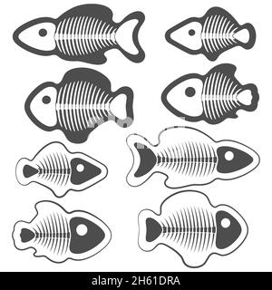 Set of black and white illustrations of fish with skeletons. Isolated vector objects on white background. Stock Vector