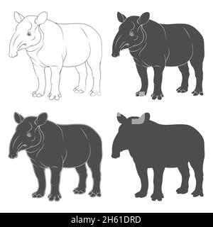 Set of black and white illustrations of tapir. Isolated vector objects on white background. Stock Vector