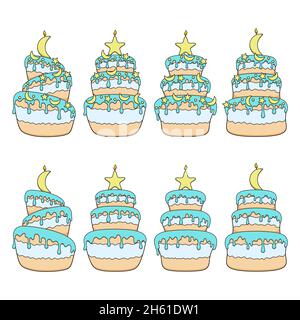 Set of color illustrations blue and white cakes with yellow stars and moon. Isolated vector objects on white background. Stock Vector