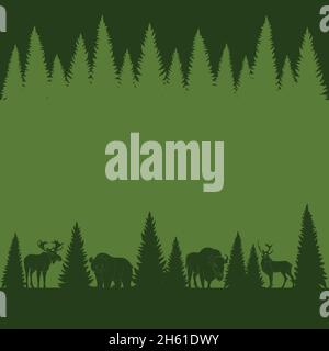 Background of silhouettes of wild forest animals and trees. Vector illustration. Stock Vector
