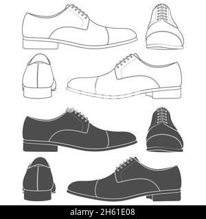 Set of black and white illustrations with classic men's shoes. Isolated vector objects on white background. Stock Vector