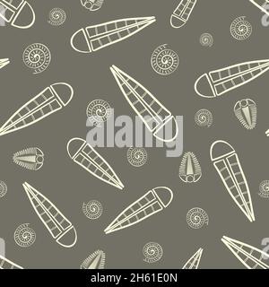 Ammonite trilobite haplophrentis vector seamless pattern background. Hand drawn shell cephalopod, arthropod, hyolithis ribbed fossils Extinct marine Stock Vector