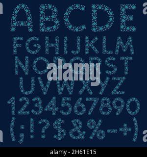 Alphabet, letters, numbers and signs of blue stars, circles with pink shadows. Isolated vector objects. Stock Vector