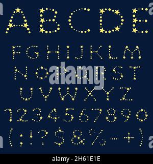 Alphabet, letters, numbers and signs of yellow stars. Isolated vector objects. Stock Vector