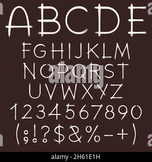Alphabet, letters, numbers and signs painted on a dark background. Isolated vector objects. Stock Vector