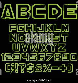 Green alphabet, numbers and signs. Isolated vector objects on black background. Stock Vector