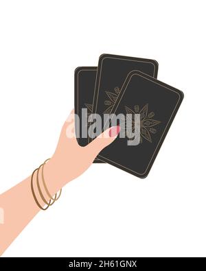 Female hand holds magic cards for tarot, boho, symbol, fortune telling and predictions. Vector illustration isolated on white background. Vector illustration Stock Vector