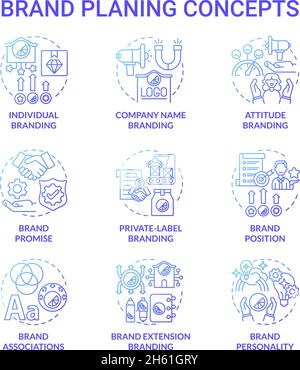 Brand planning blue gradient concept icons set Stock Vector