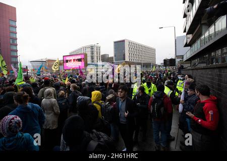 Glasgow. Scotland, UK. 12th Nov, 2021. General view surrounding of COP26 in Glasgow. Day thirteen of the 2021 climate summit in Glasgow will focus on driving the global transition to zero-emission transport. Pictured: Activist outside of the COP26. Credit: Pako Mera/Alamy Live News Stock Photo